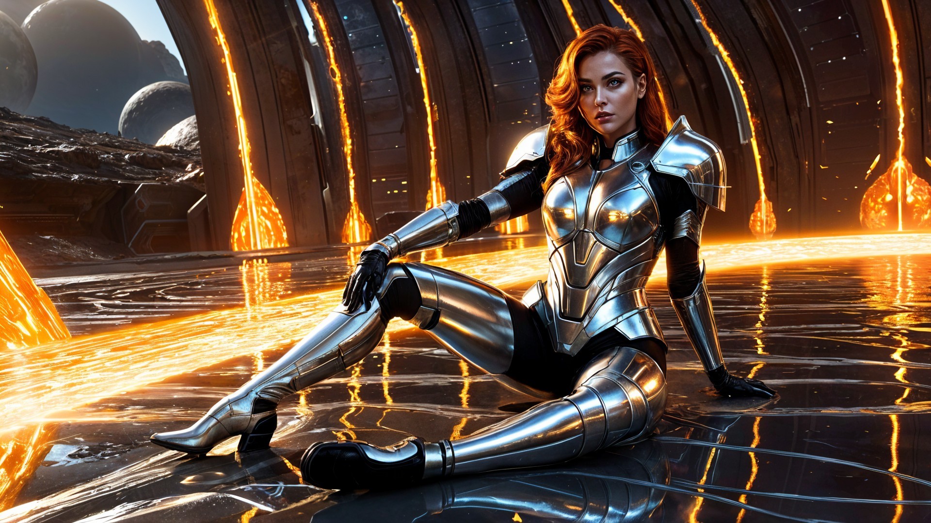 Futuristic Character in Silver Armor with Red Hair