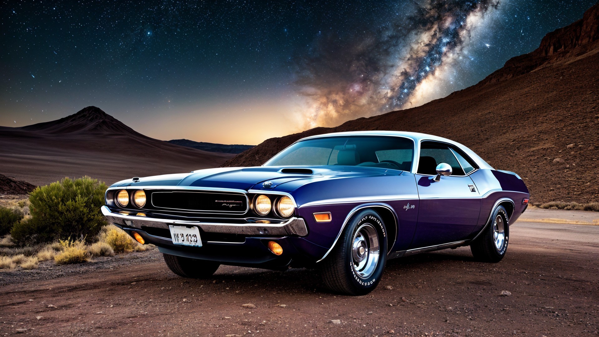 1970s Muscle Car in Desert with Starry Night Sky