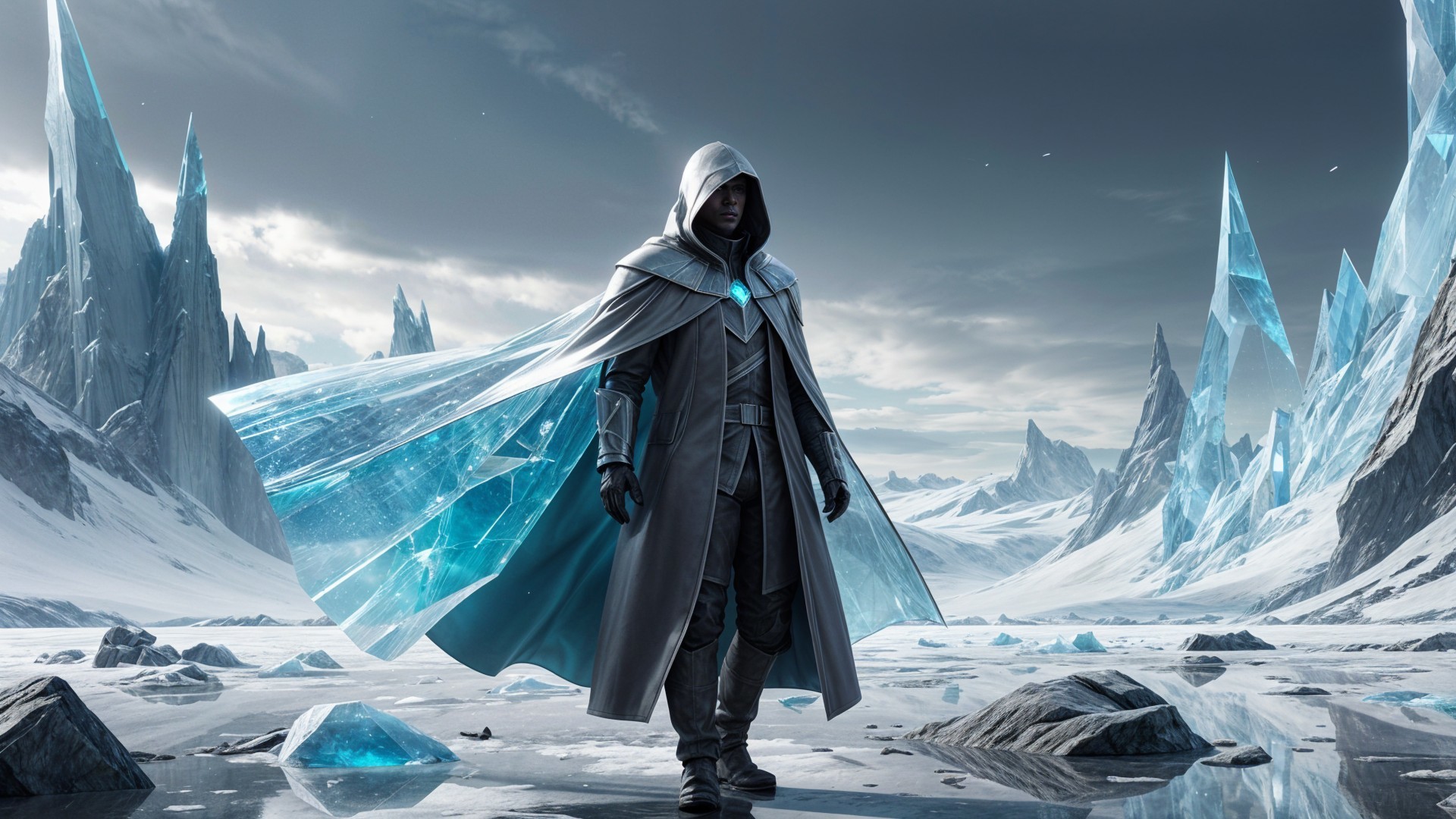 Mysterious Cloaked Figure in Frozen Landscape