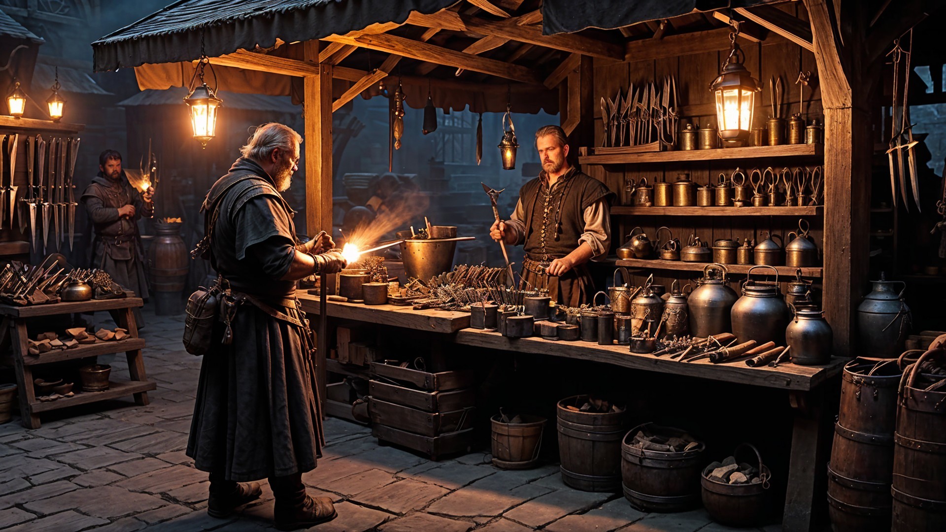 Medieval Marketplace with Blacksmith and Merchant Stalls