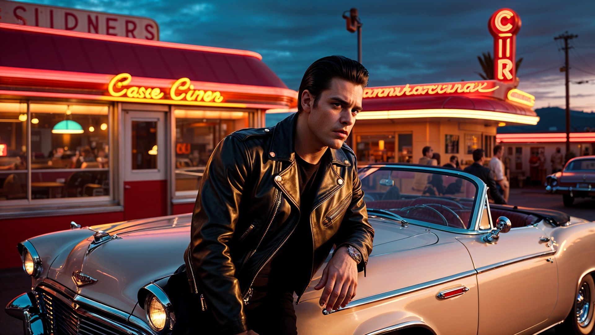 Young man in leather jacket by classic convertible car