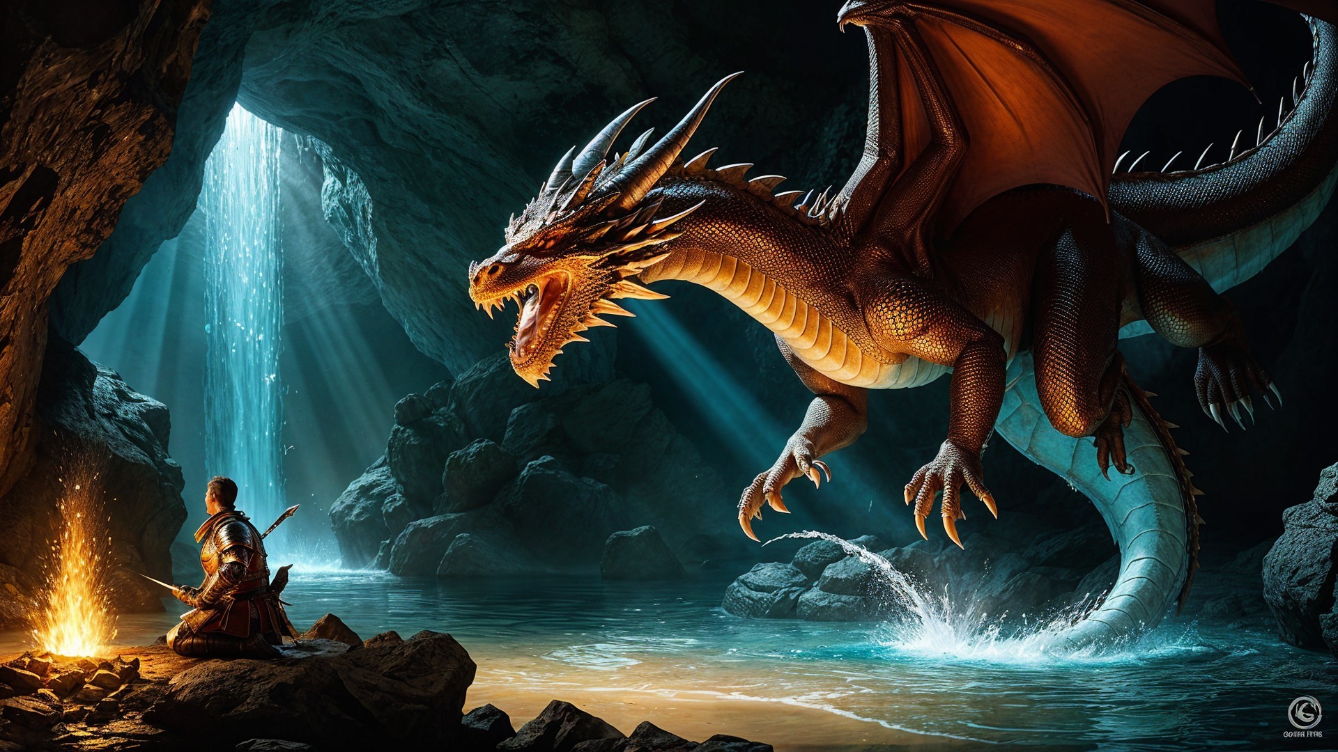 Dragon and Knight in a Mystical Cave Scene