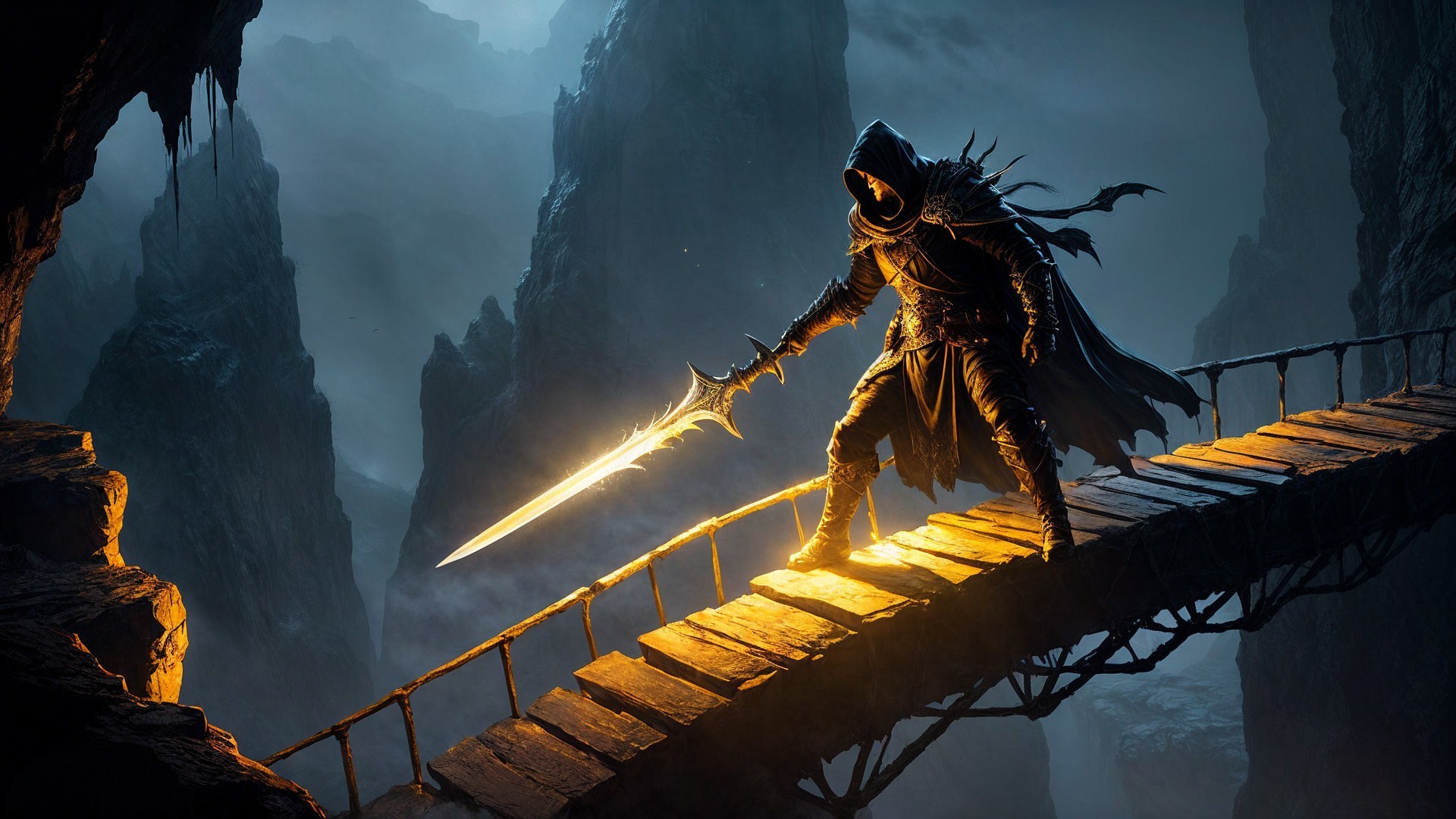 Cloaked Warrior on Misty Canyon Bridge with Sword