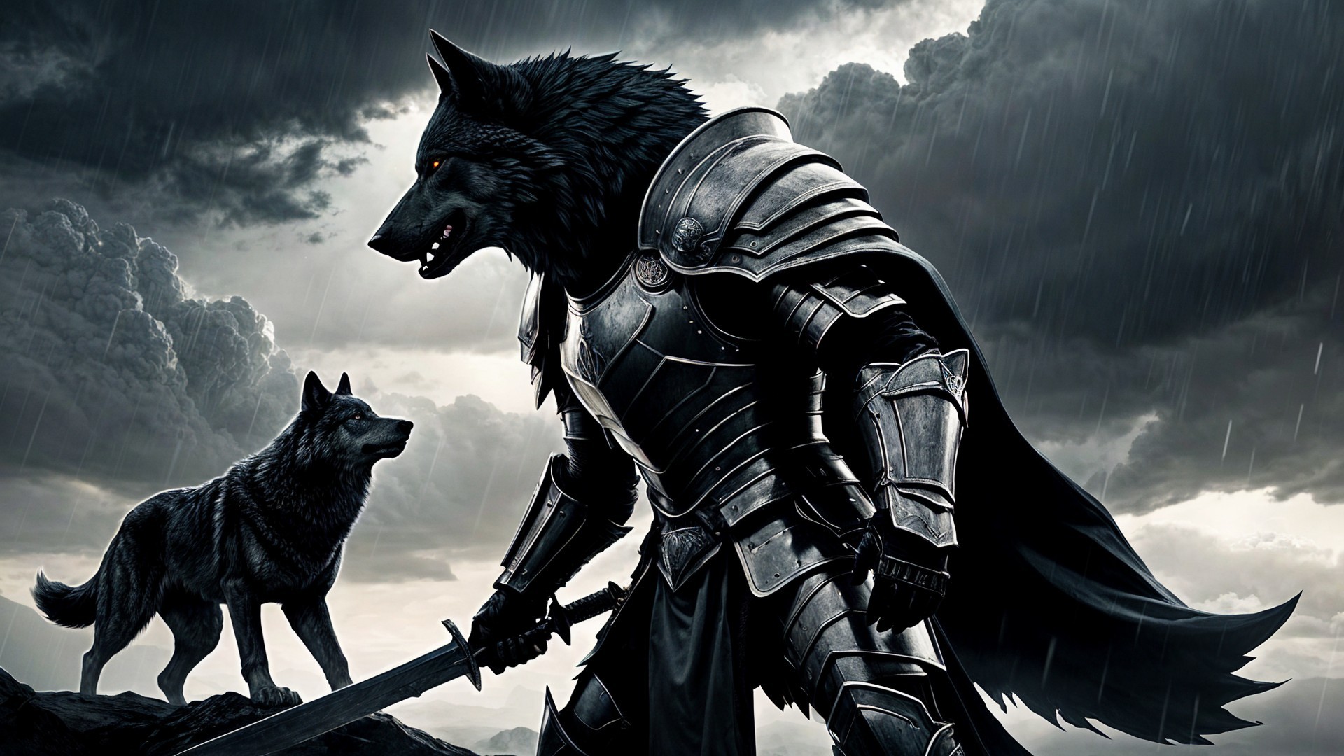 Warrior in Dark Armor with Wolf Under Stormy Skies