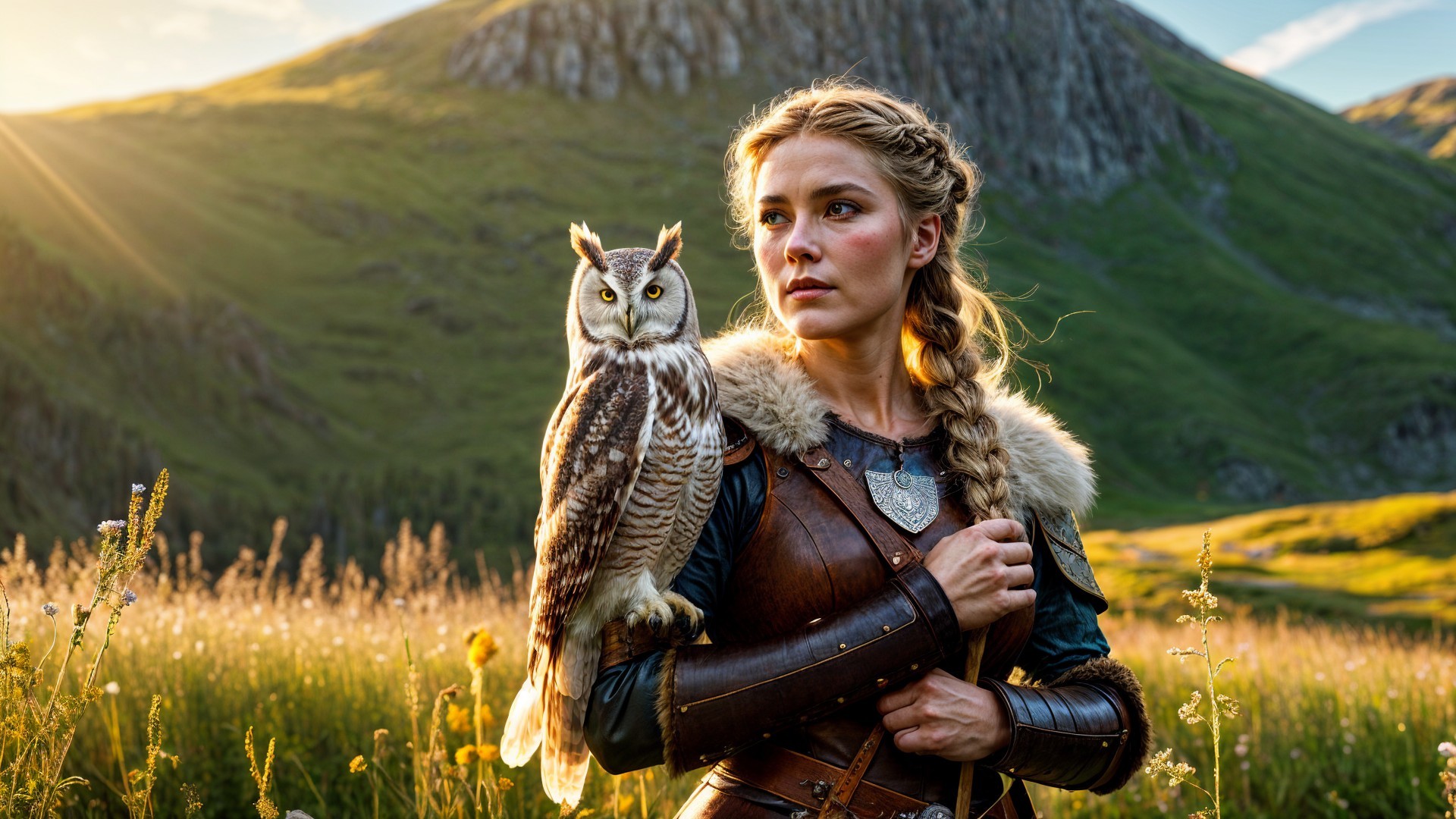 Fierce warrior woman in lush landscape with owl