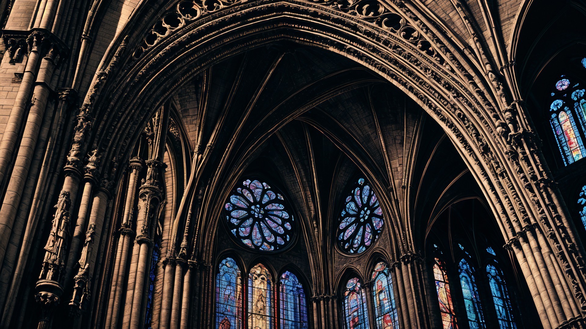 Gothic Cathedral Interior with Stained Glass and Arches