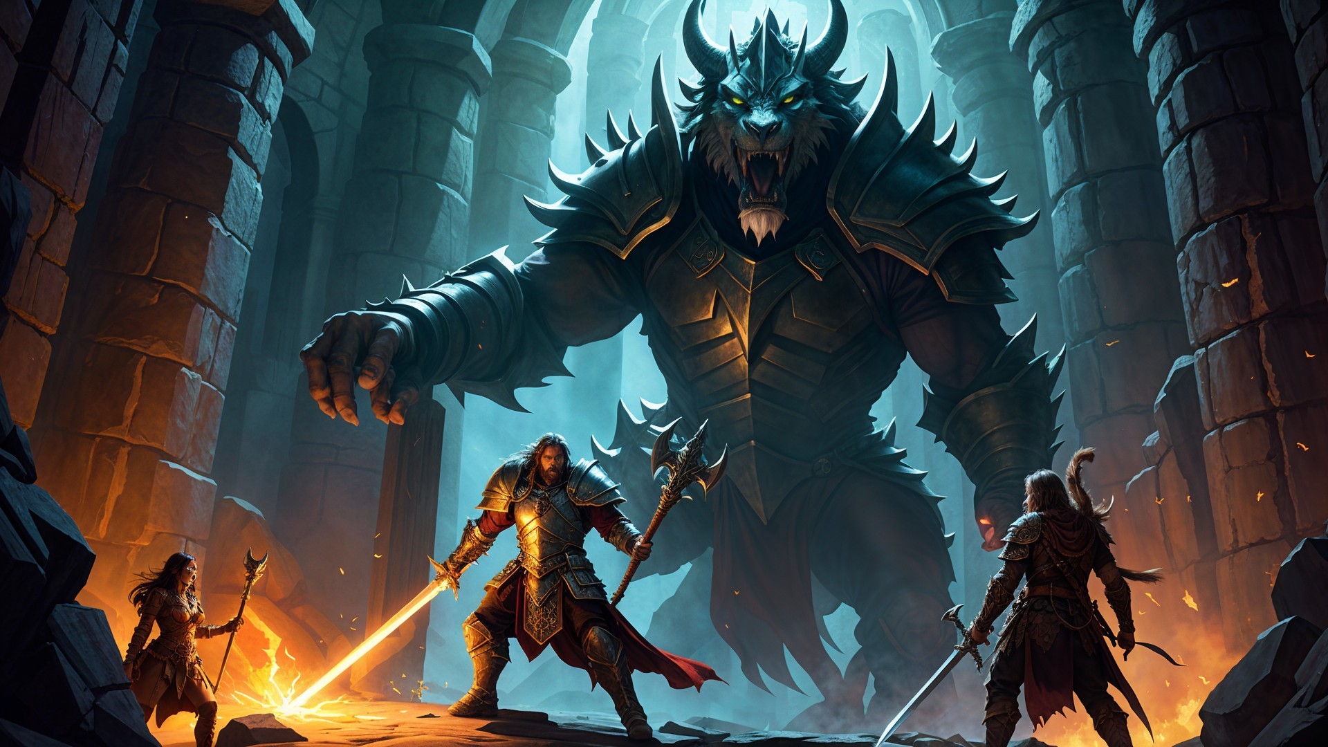 Armored Creature Confronts Adventurers in Stone Chamber