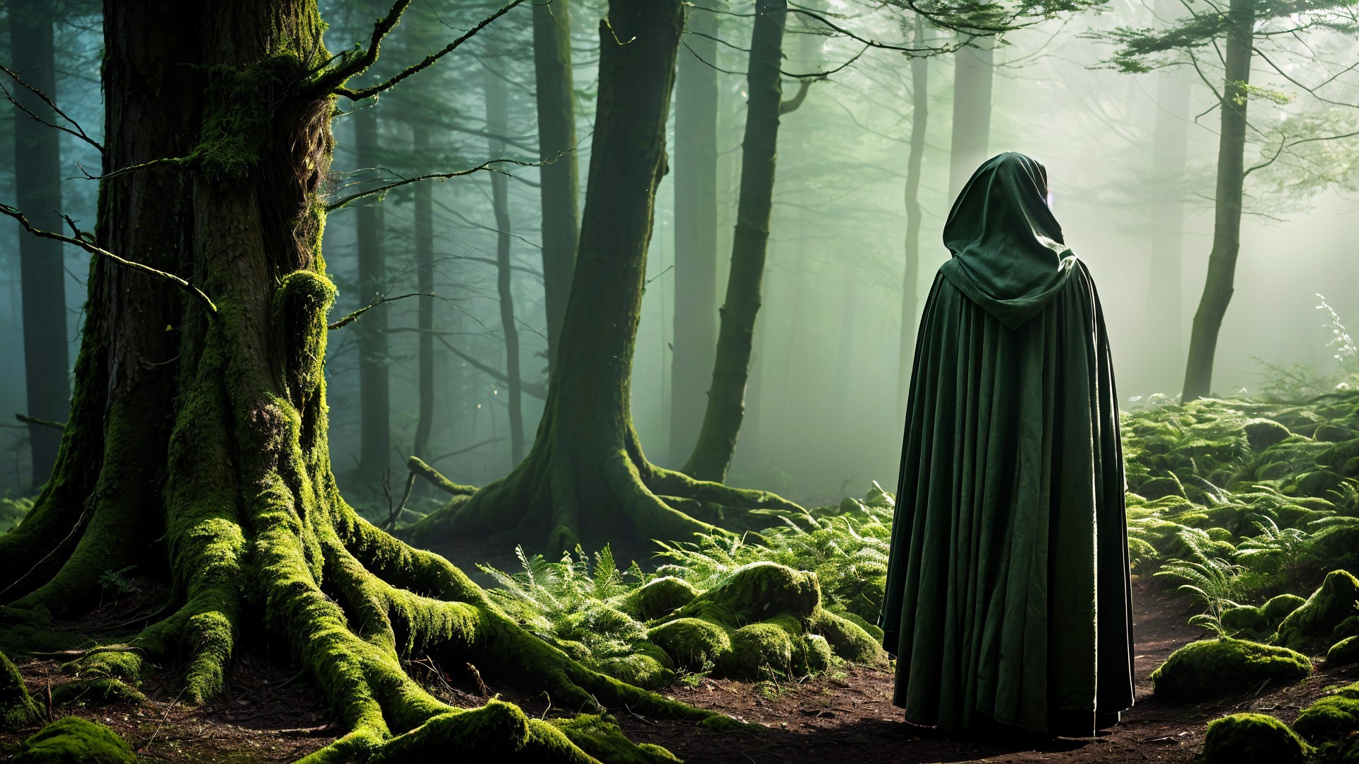 Cloaked Figure in a Misty Enchanted Forest Scene