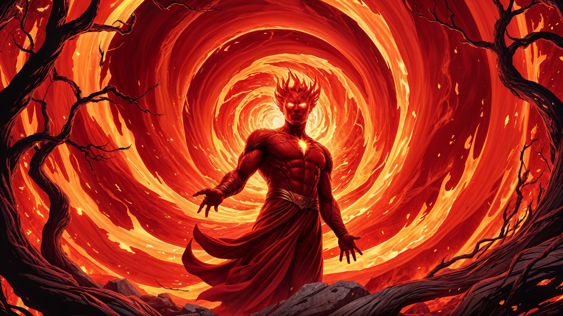 Fiery Figure Surrounded by Flames and Dark Trees