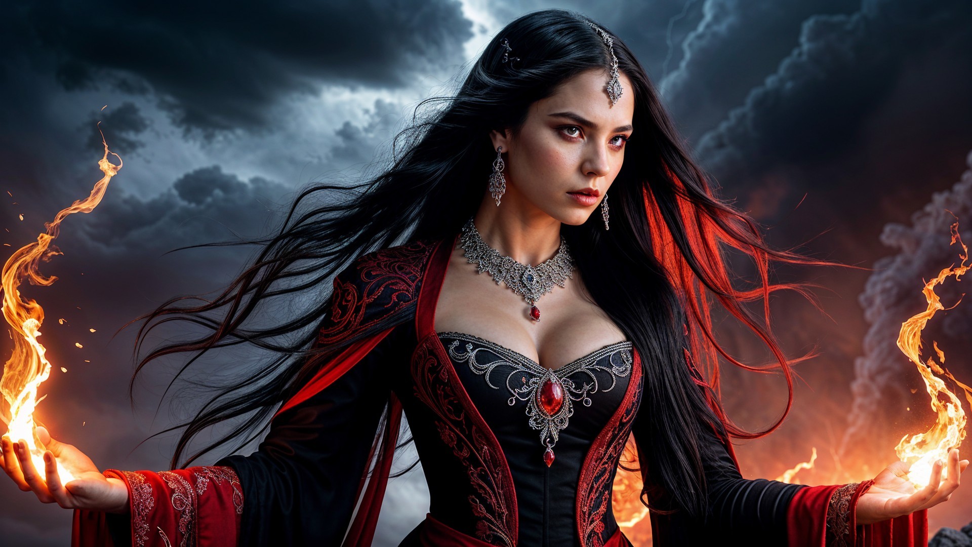 Elegant Woman in Dark Gown Wielding Flames Amidst Storm