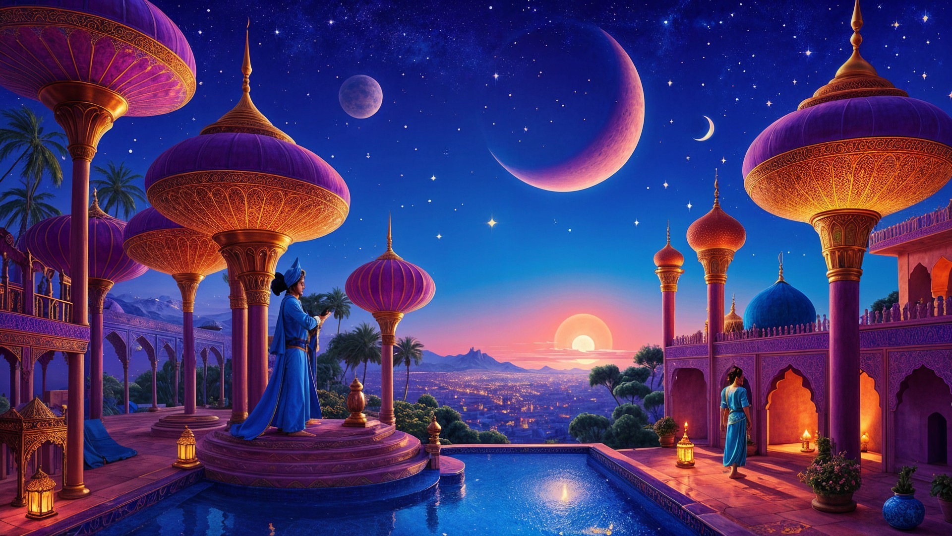 Magical Dusk Scene with Architectural Structures and Nature