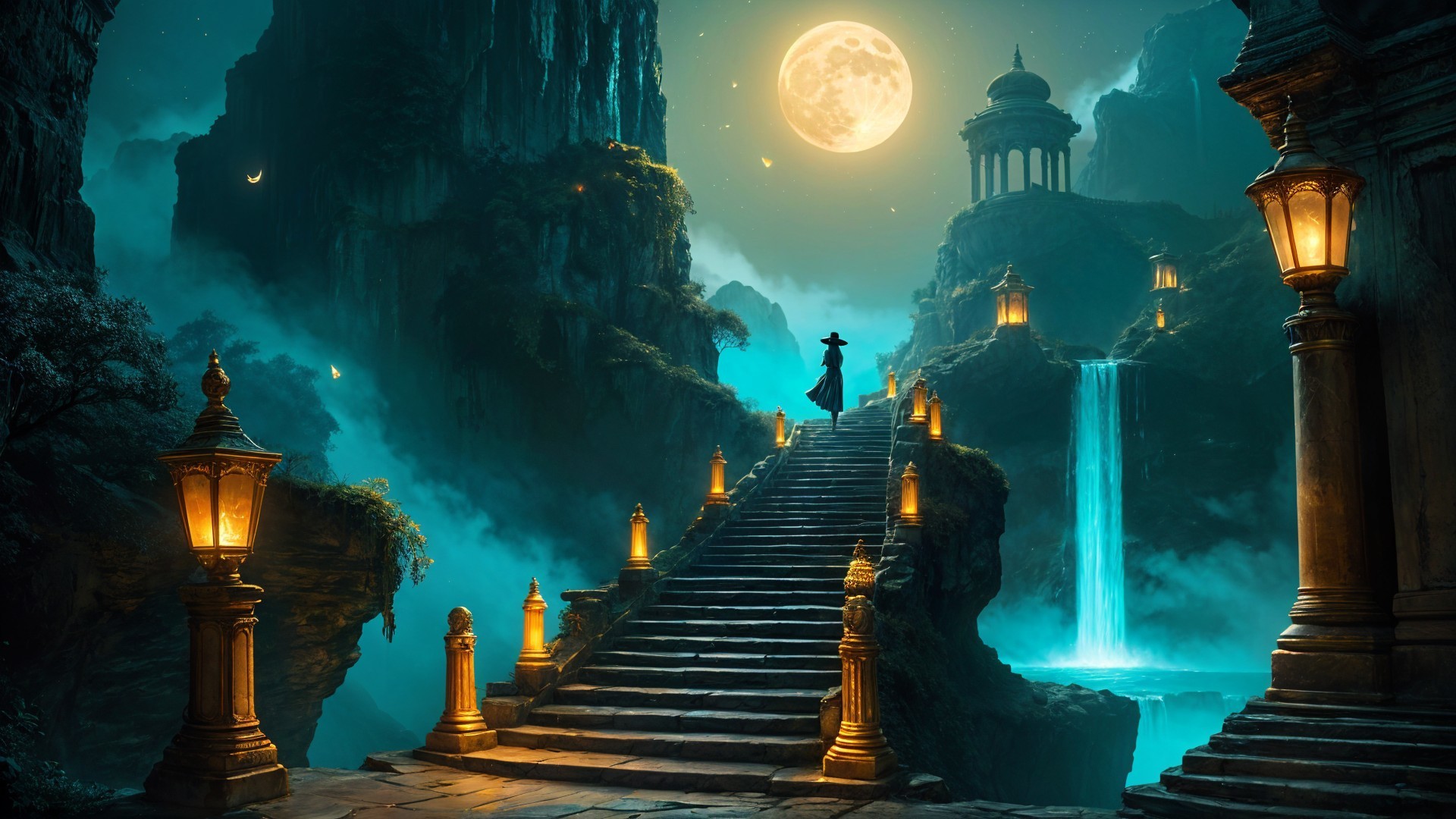 Mystical Landscape with Staircase and Waterfall at Night
