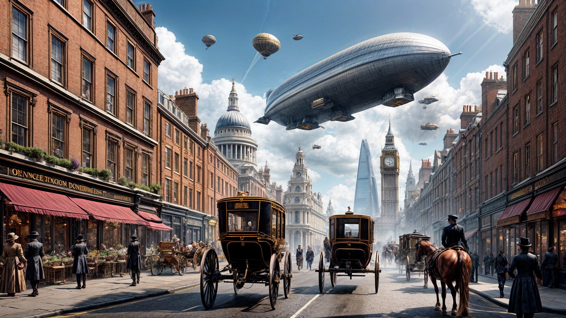 Victorian Street Scene with Carriages and Iconic Landmarks
