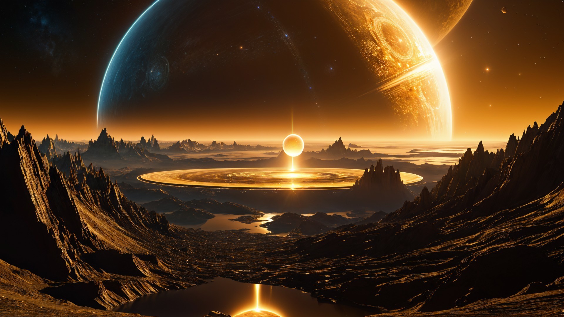 Alien Landscape with Mountains and Reflective Lake