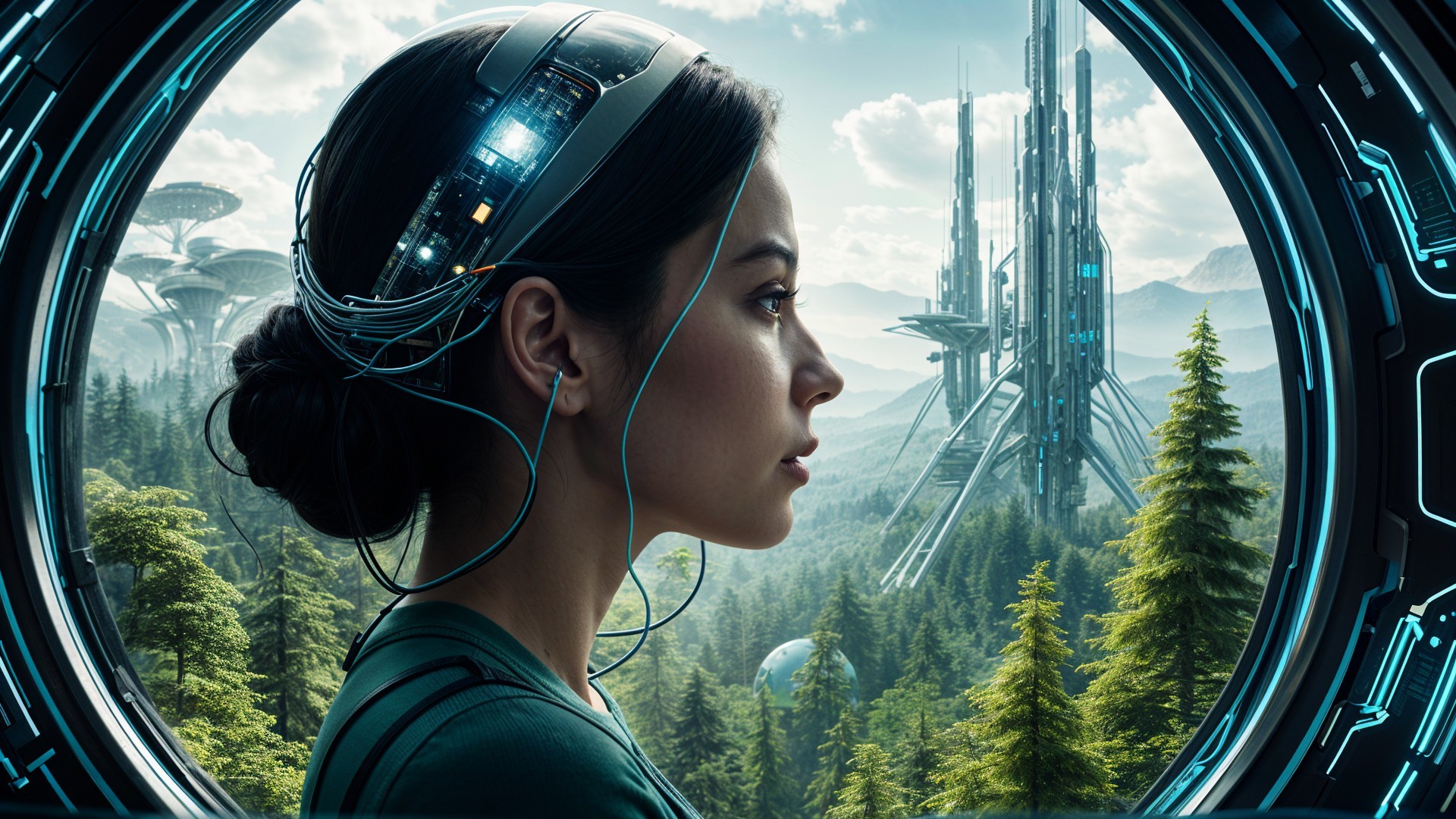 Futuristic Woman with Technology in Natural Landscape