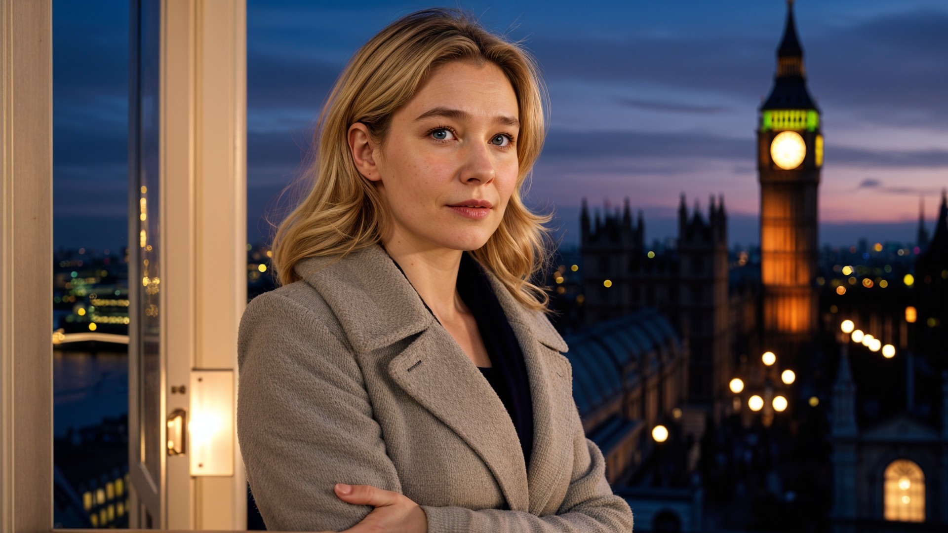 Woman in Gray Coat Against Twilight London Skyline