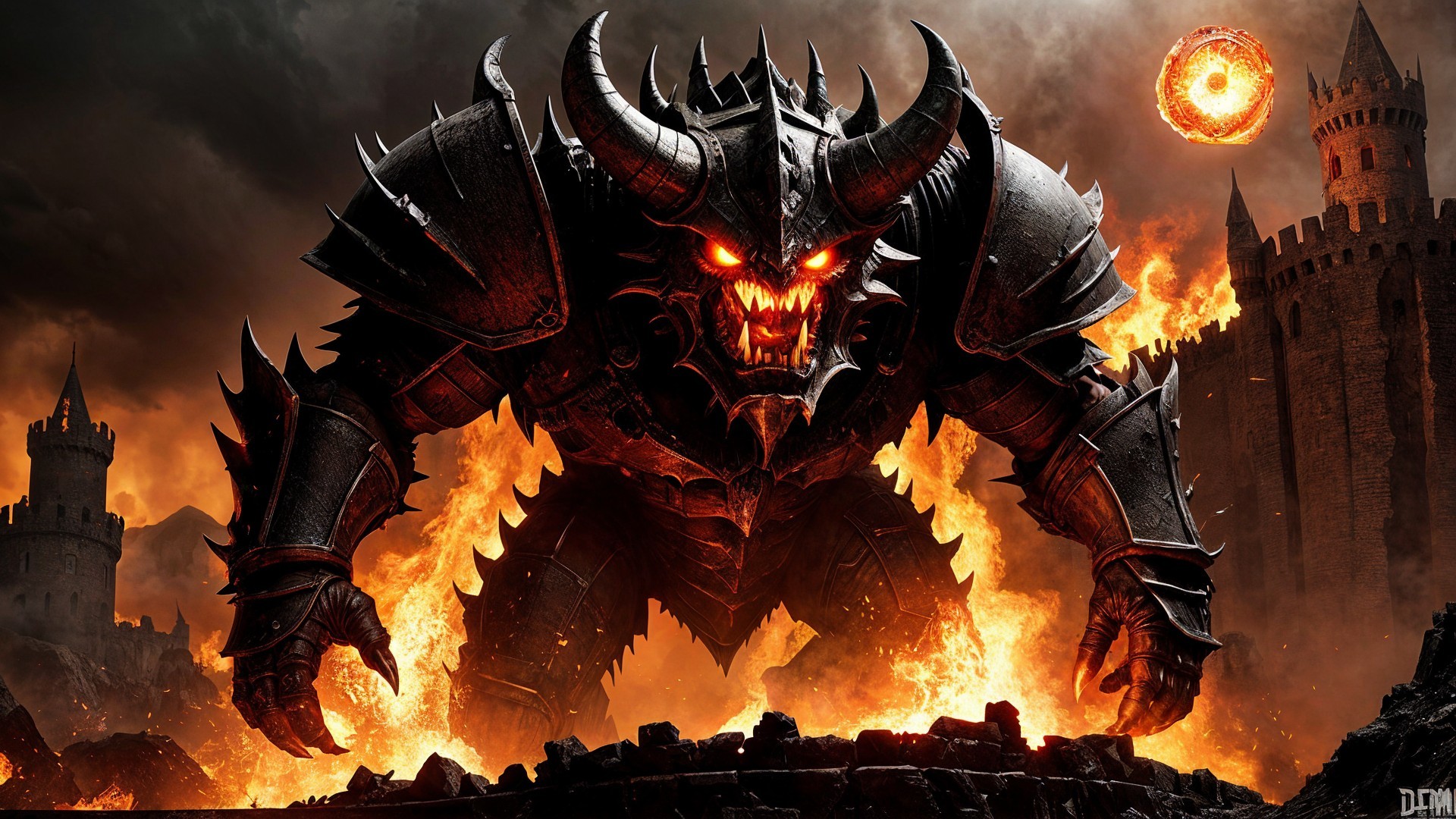 Colossal Figure in Dark Fiery Landscape with Castle