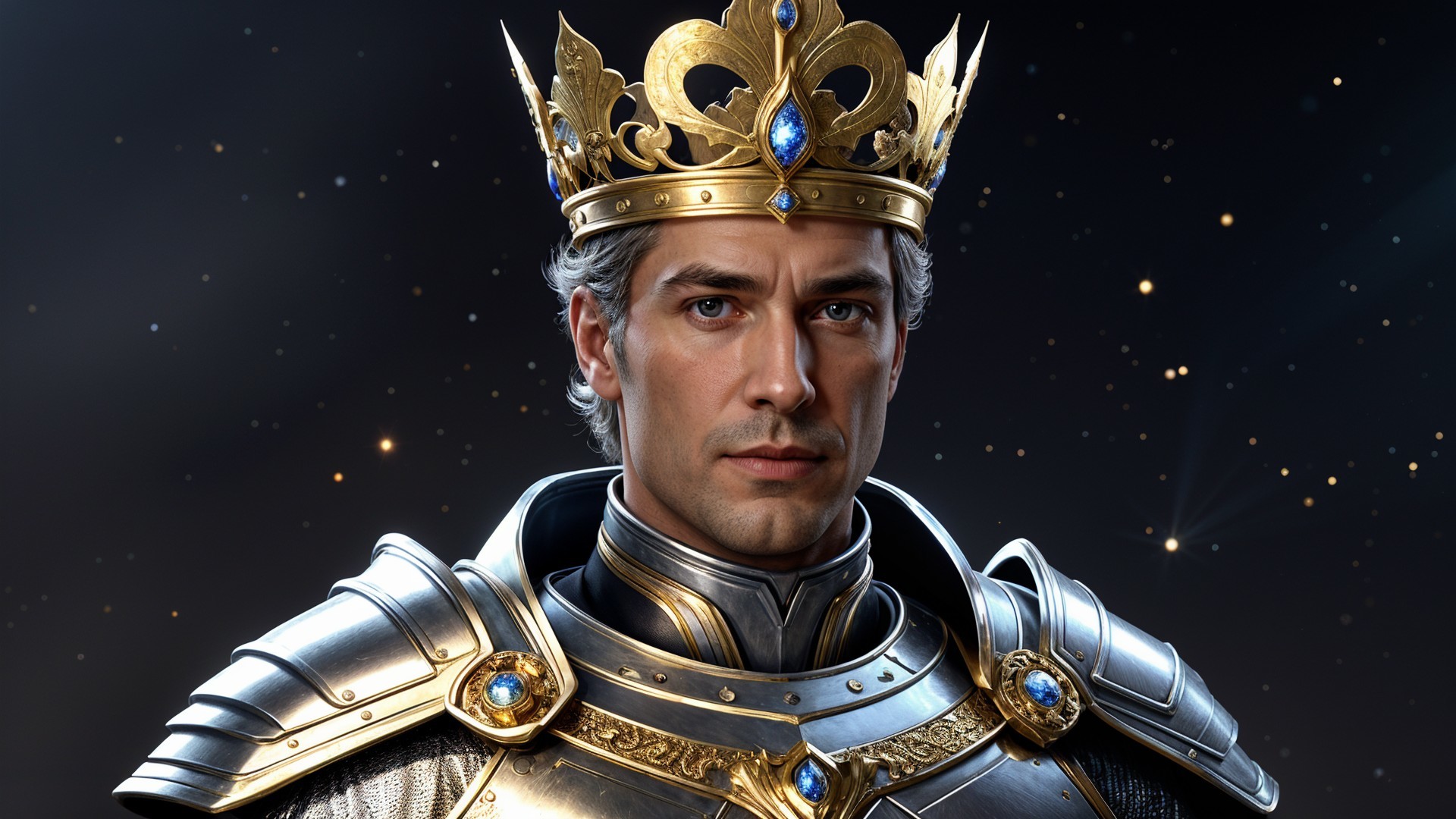 Regal figure in silver armor with a golden crown