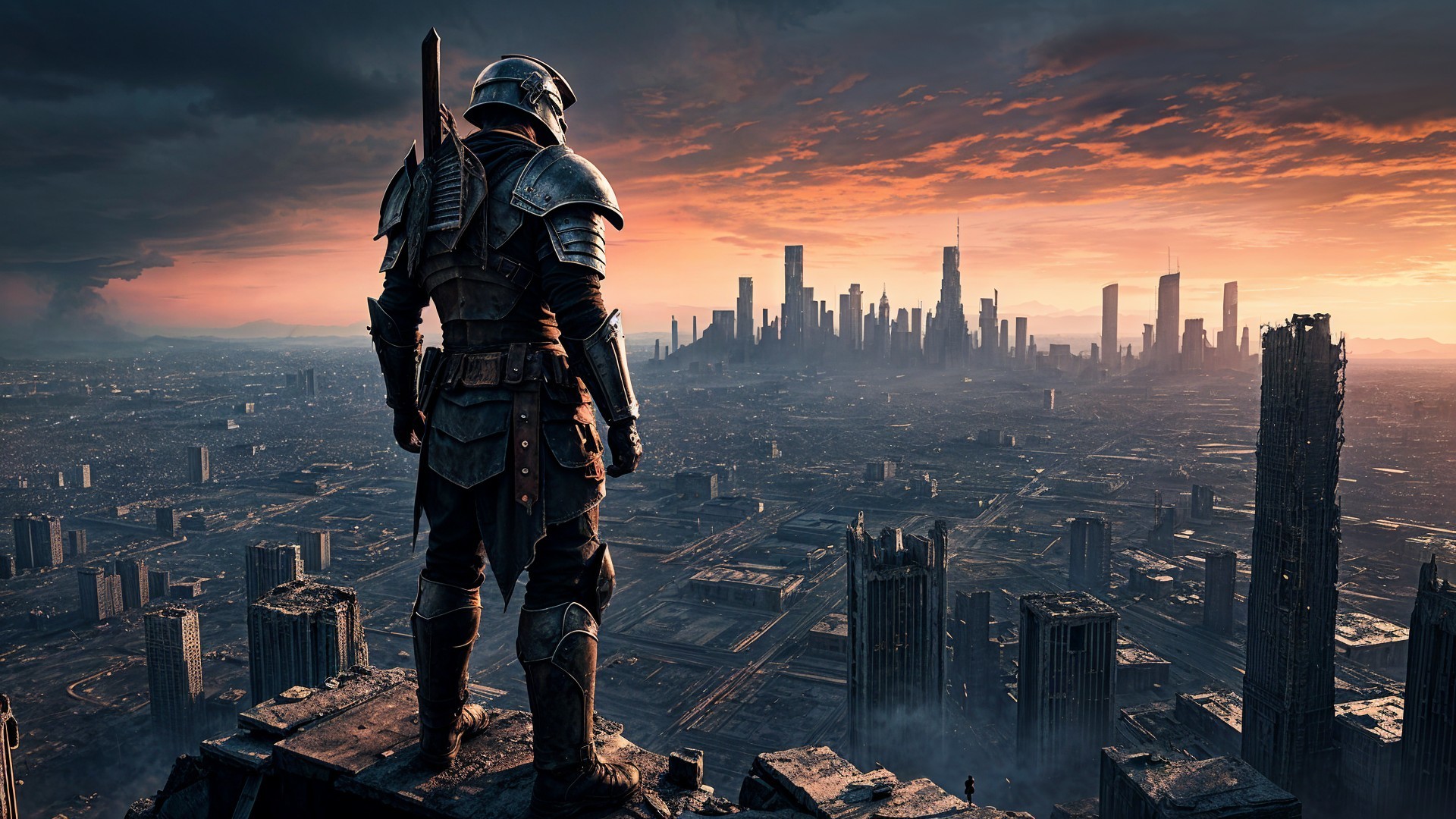 Armored Knight Overlooking Futuristic City at Sunset