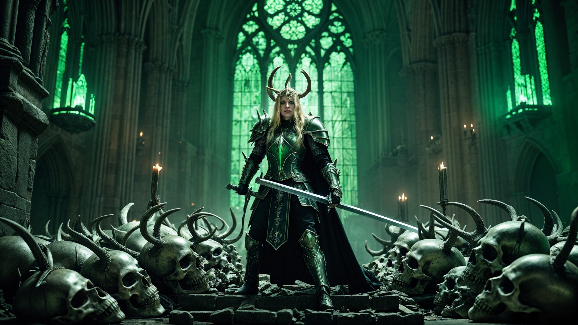 Warrior in Gothic Cathedral with Green Stained Glass