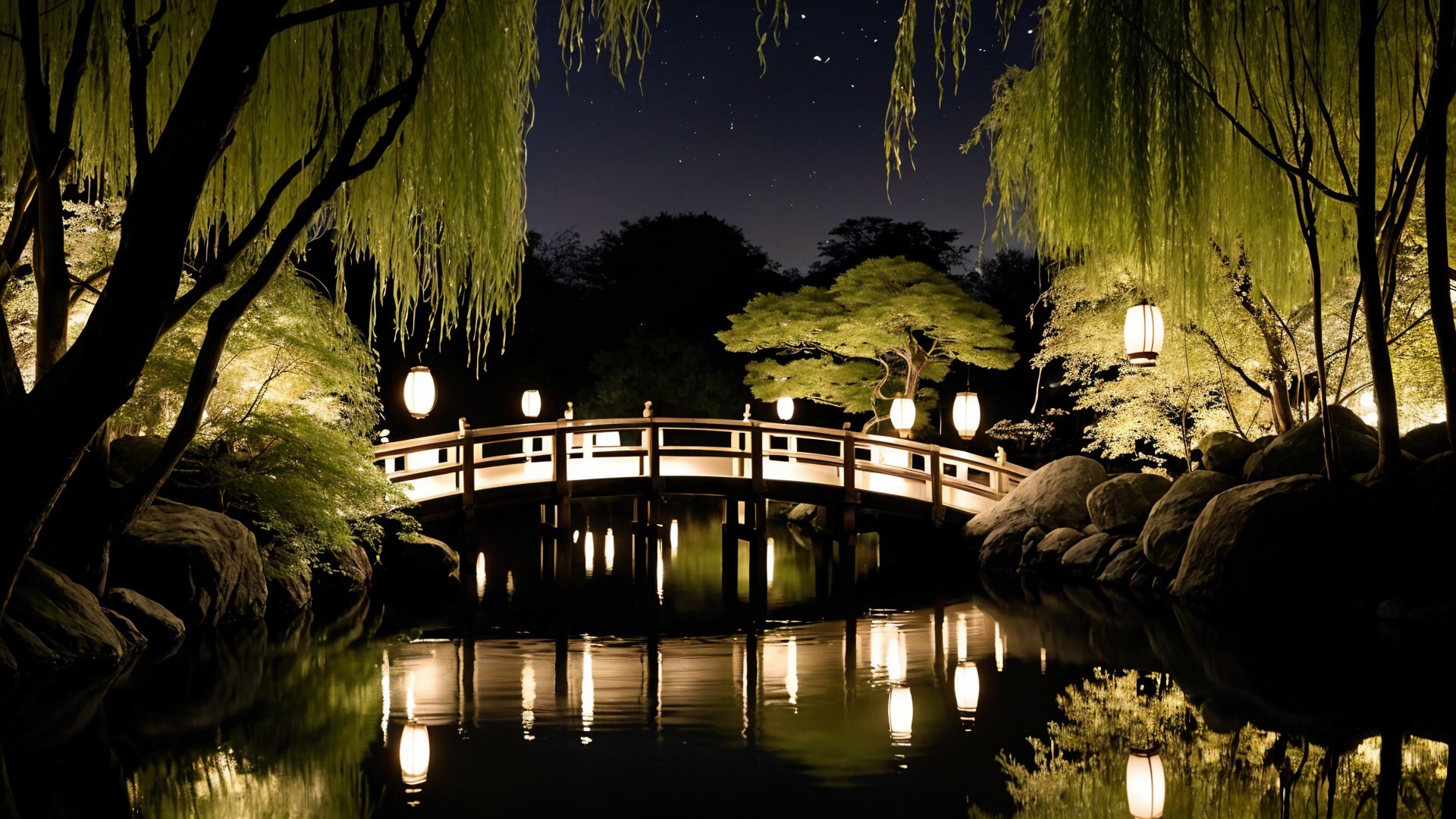 Illuminated Wooden Bridge Over a Serene Pond