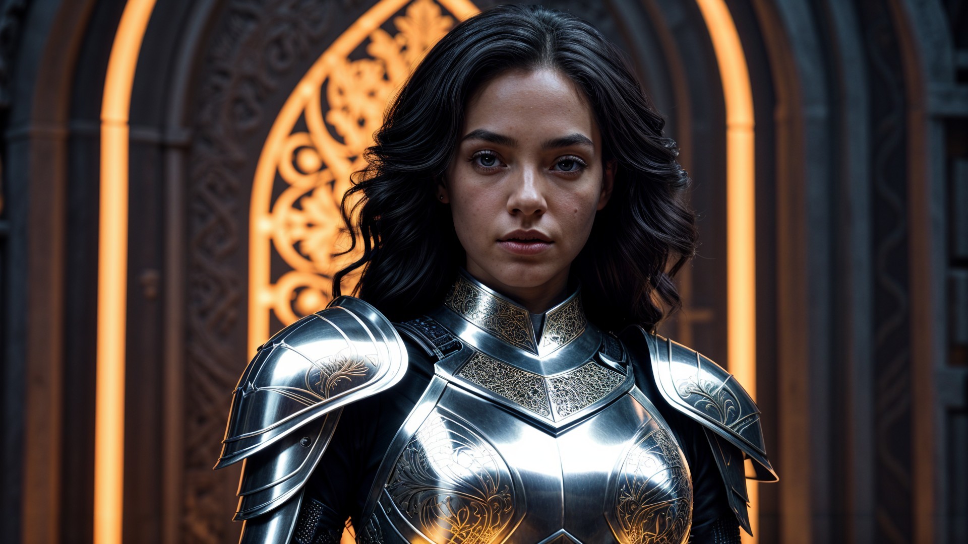 Woman in ornate silver armor with detailed archway backdrop