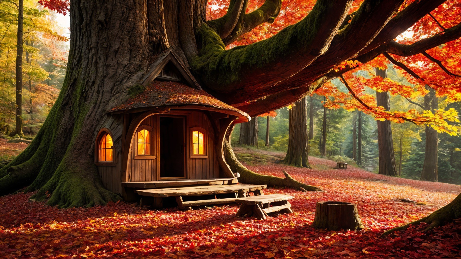 Whimsical Wooden House in Vibrant Autumn Forest