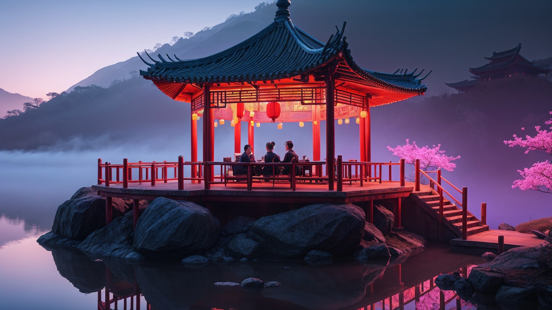 Pagoda on a tranquil lake with cherry blossoms