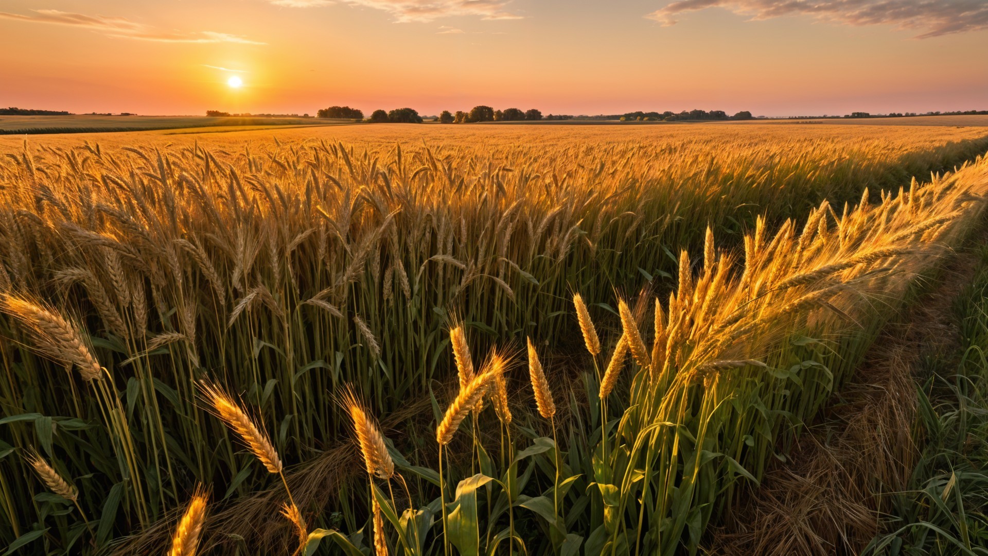 Golden Wheat Field at Sunset with Colorful Sky