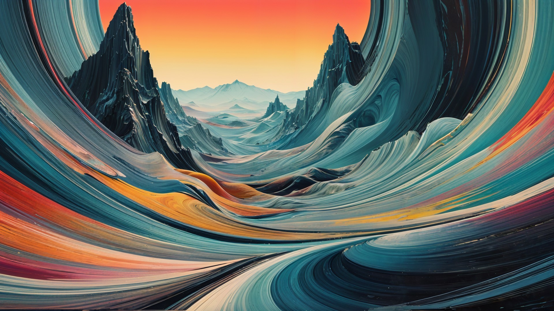 Vibrant Abstract Landscape with Colorful Waves and Mountains