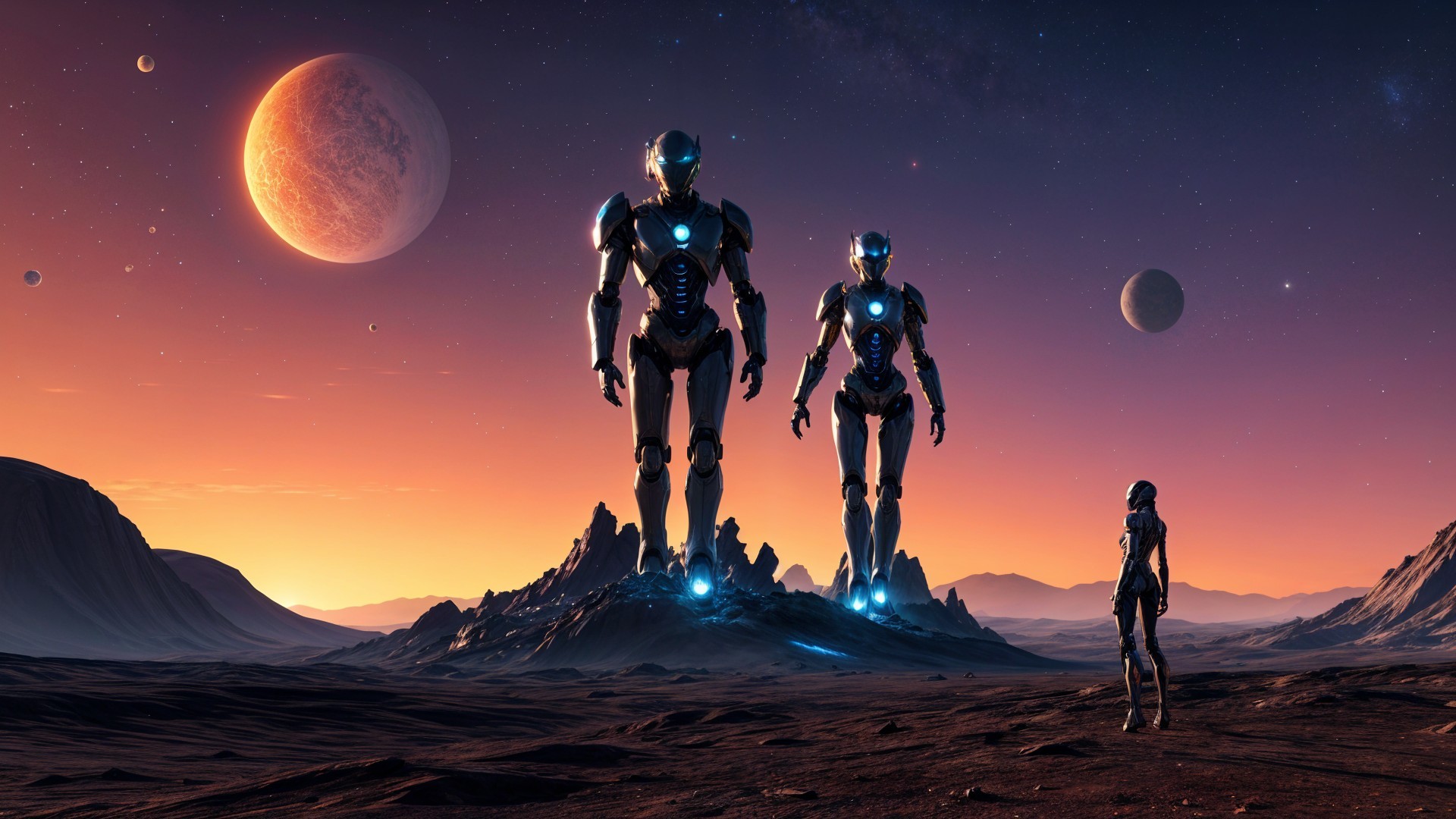 Surreal Landscape with Humanoid Robots and Planets