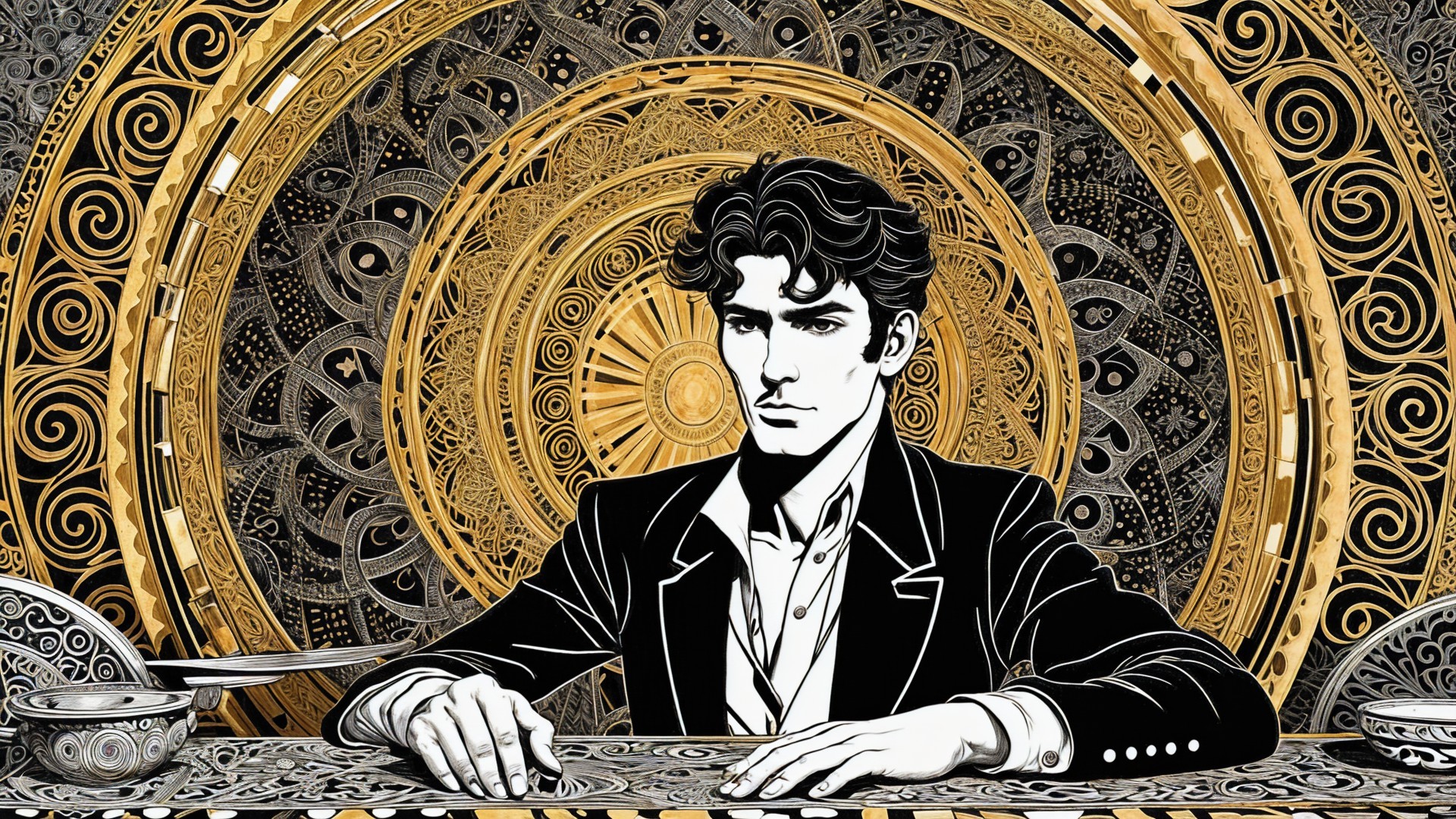 Stylish Young Man in Black Suit with Golden Mandala Background