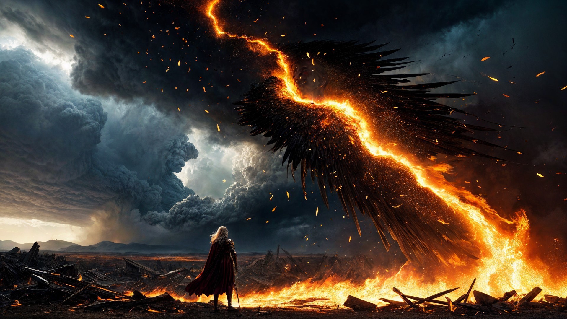 Dramatic Scene of a Fiery Landscape with Shadowy Wings