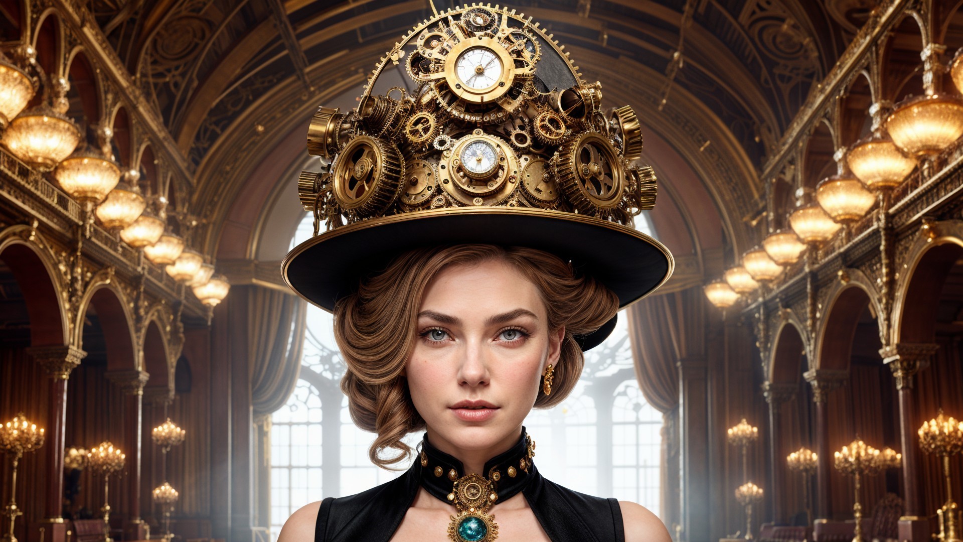 Woman in Grand Hall with Steampunk Hat and Outfit
