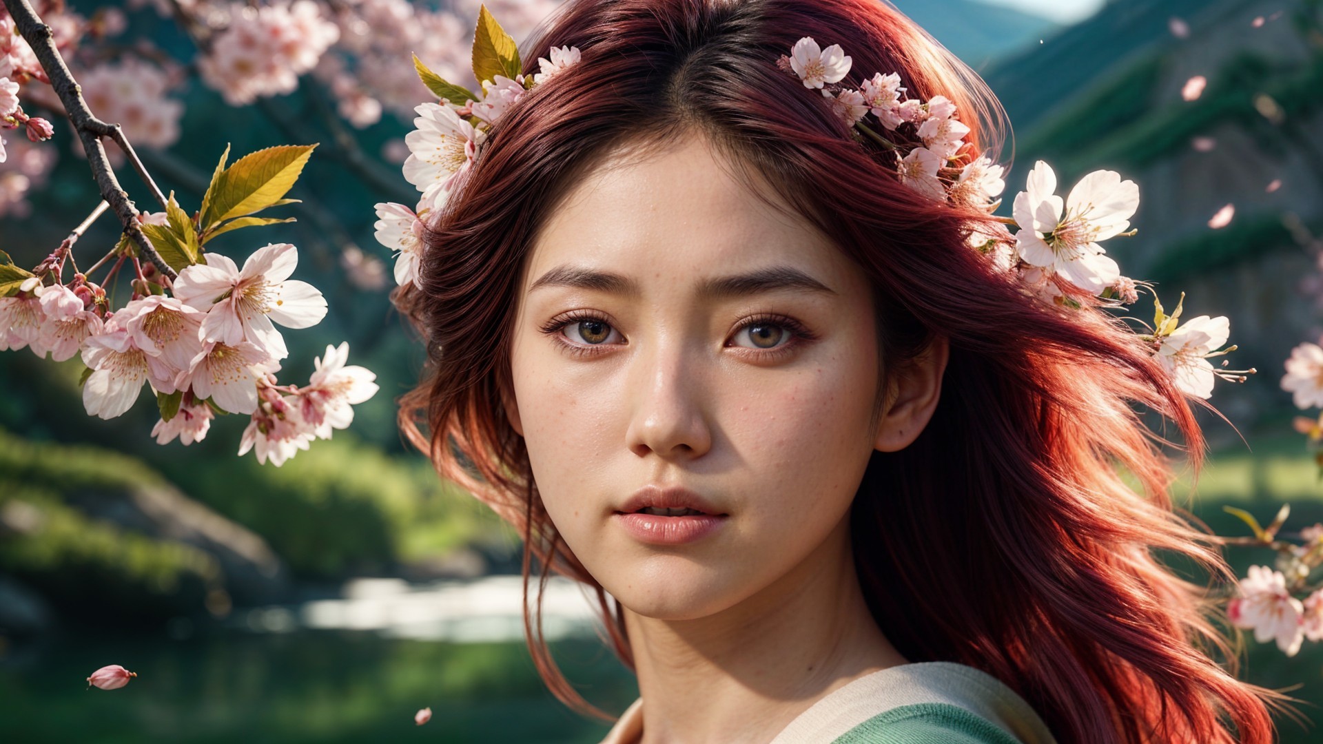Portrait of a woman with red hair and cherry blossoms