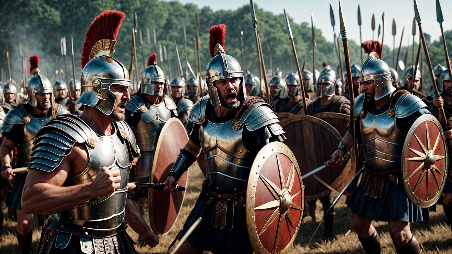 Ancient Warriors in Shining Armor in Battle Formation