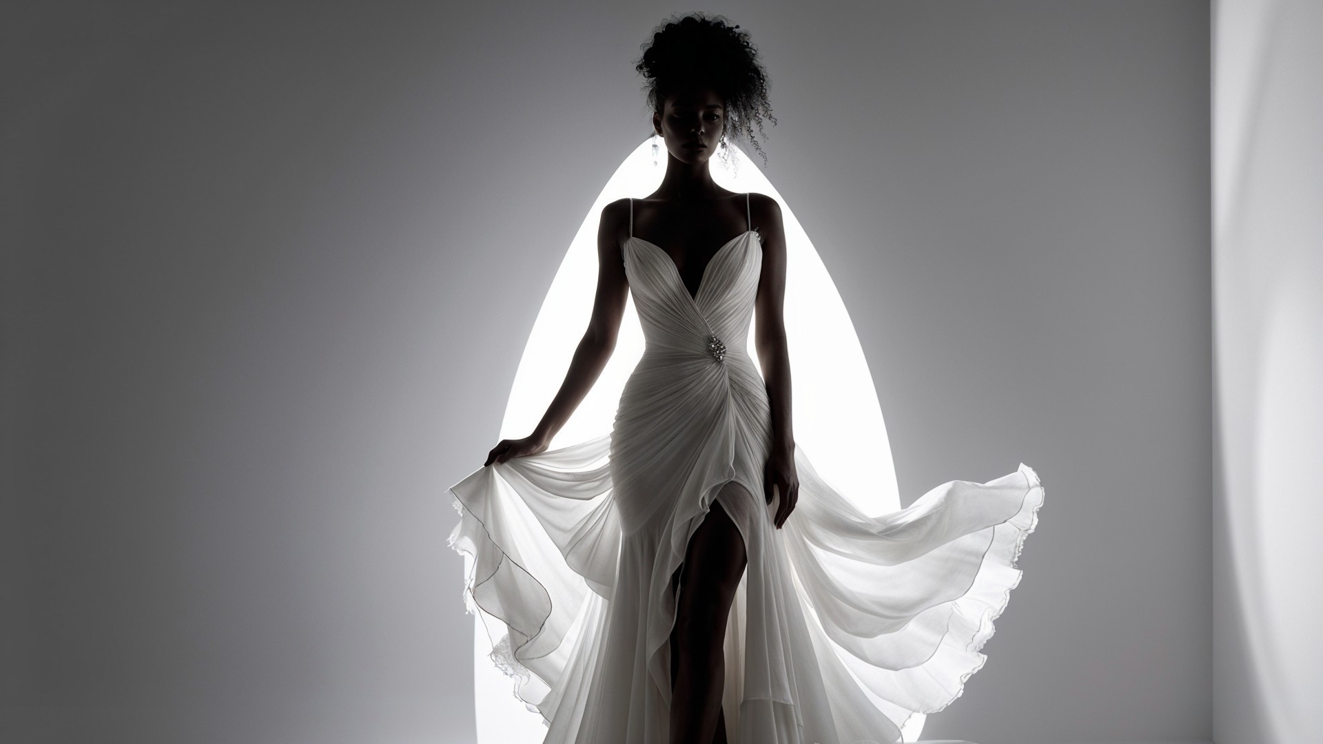Silhouette of Woman in Flowing White Gown Against Light
