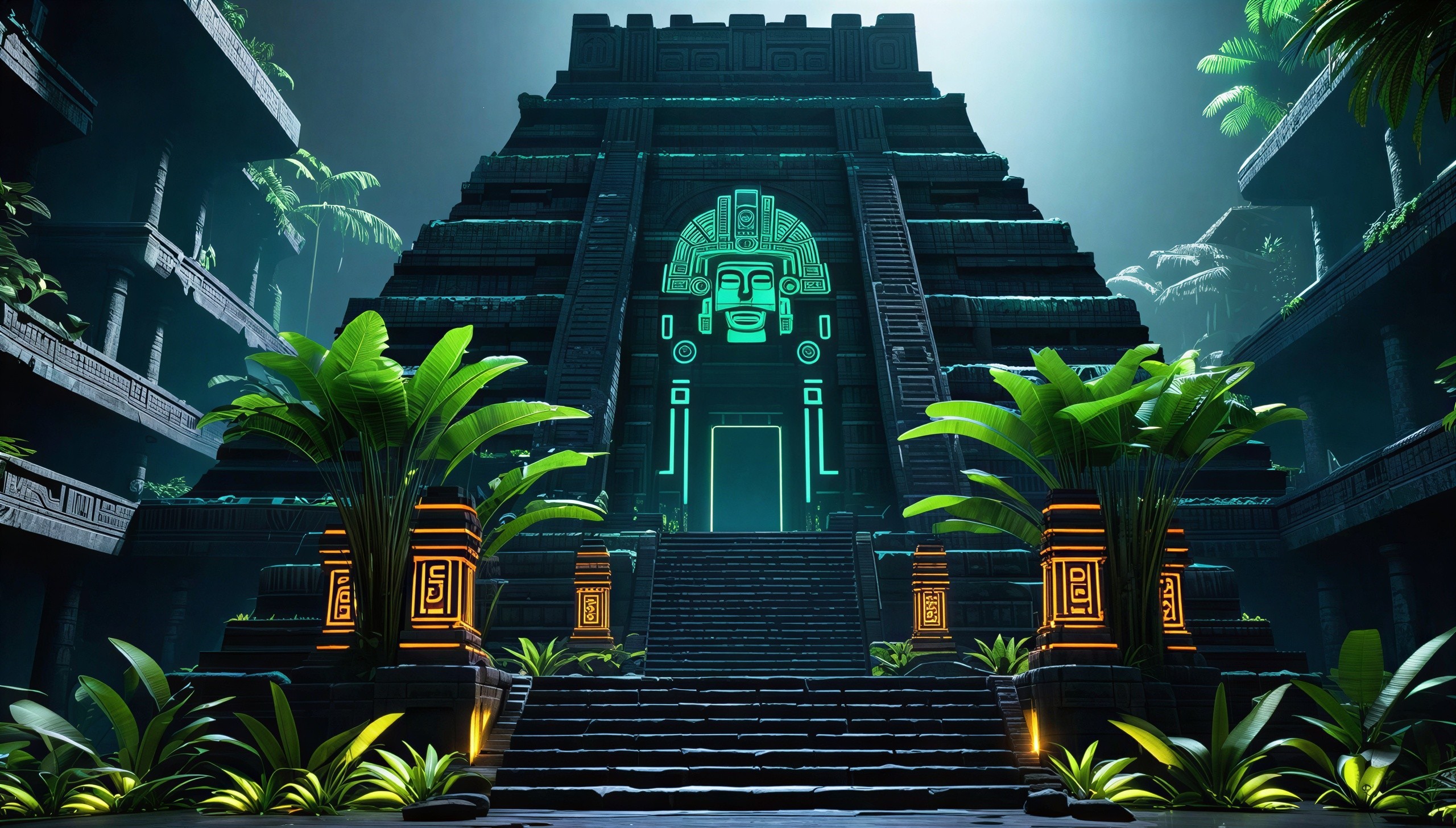 Ancient Mayan Pyramid with Neon Tribal Design at Night