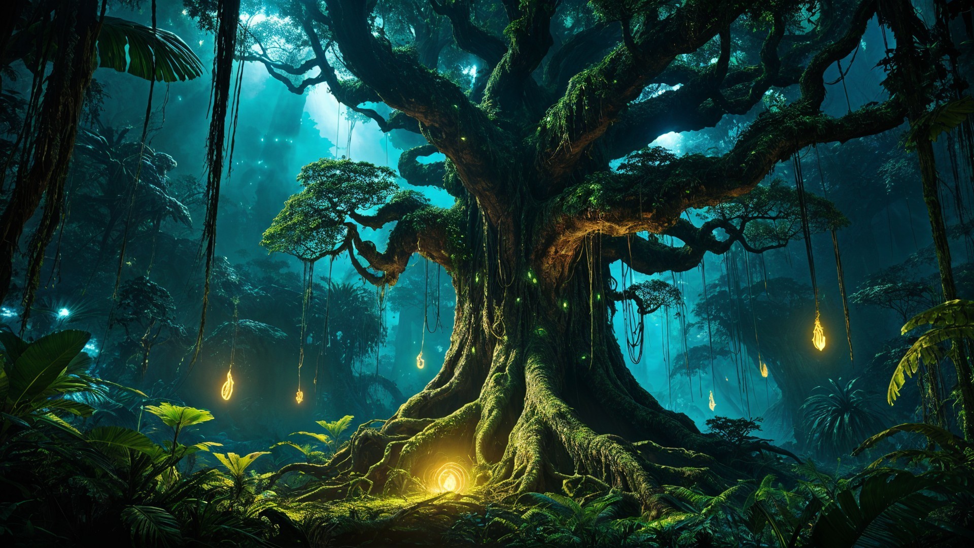 Ancient Tree in Mystical Forest with Ethereal Light