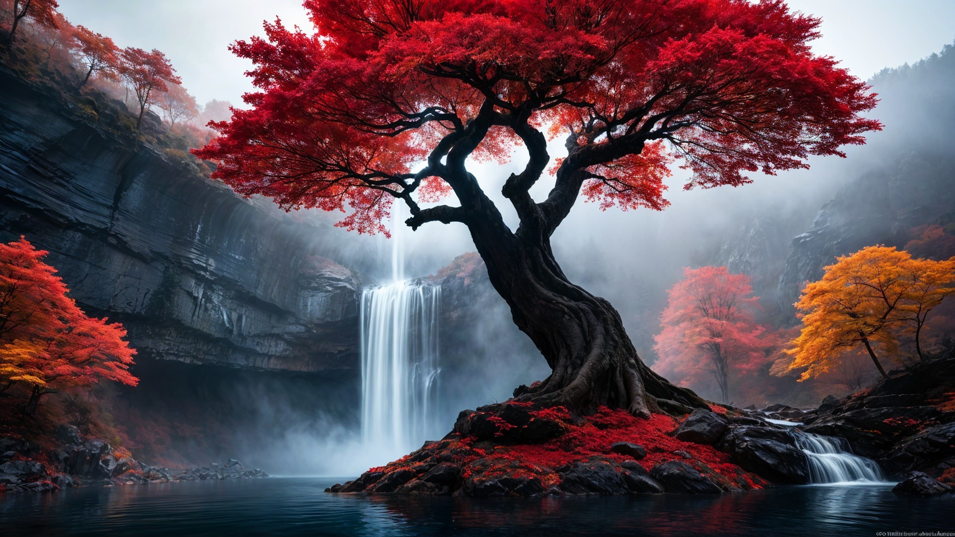 Majestic tree with autumn leaves by a serene waterfall