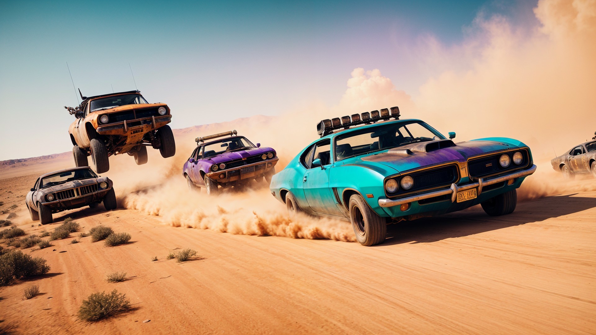 Desert Scene with Racing Muscle Cars and Off-Road Truck