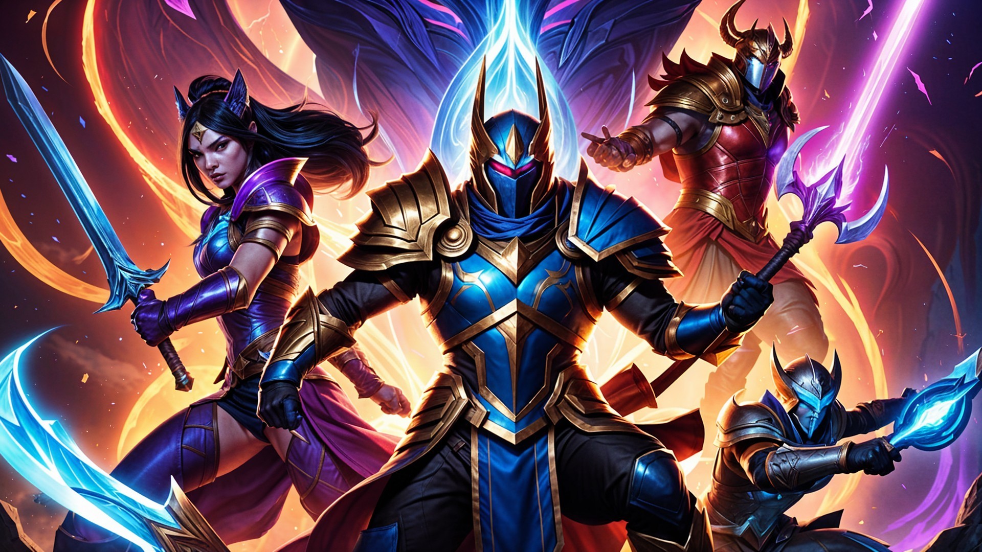 Fantasy Scene with Armored Warriors and Glowing Weapons