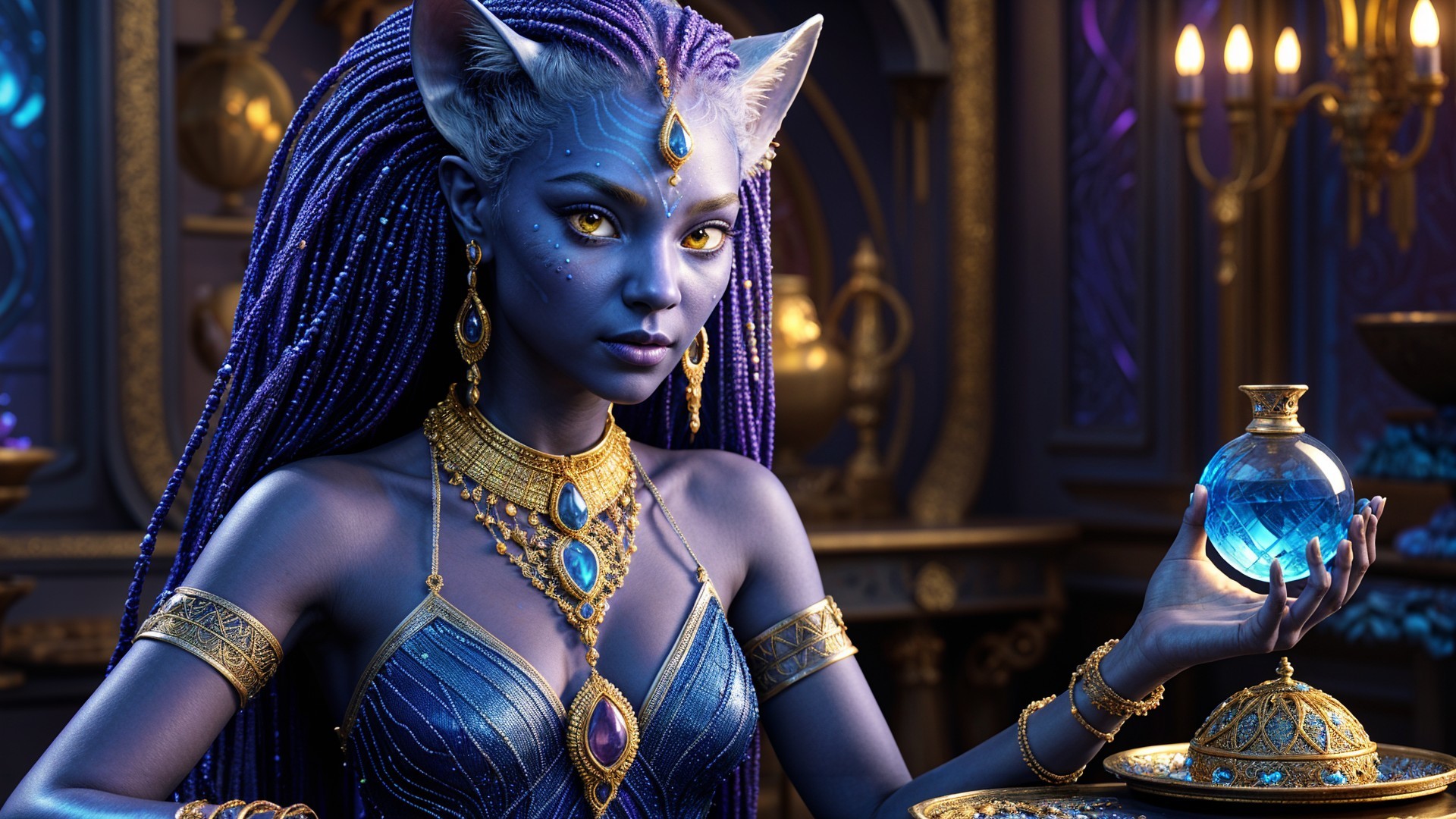 Mystical Feline Figure in Ornate Decor Chamber