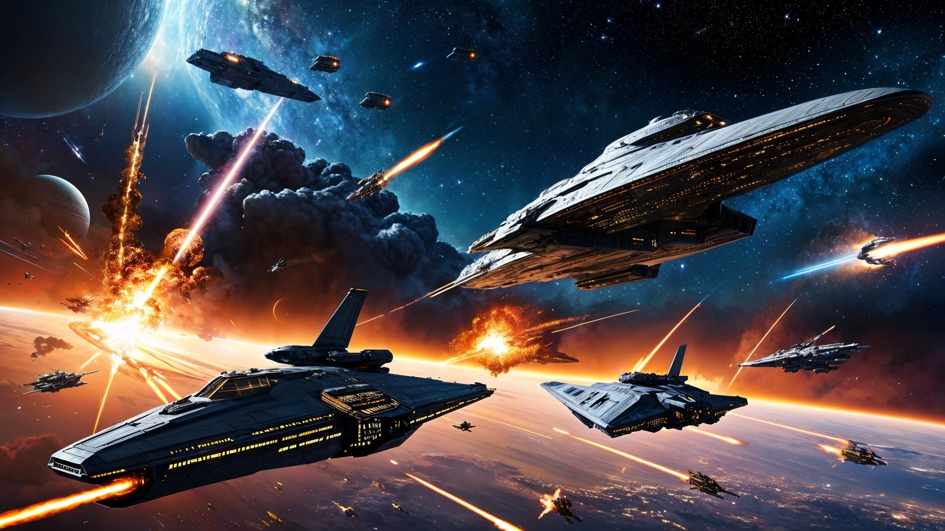 Cosmic Battle of Starships in Vibrant Space Scene
