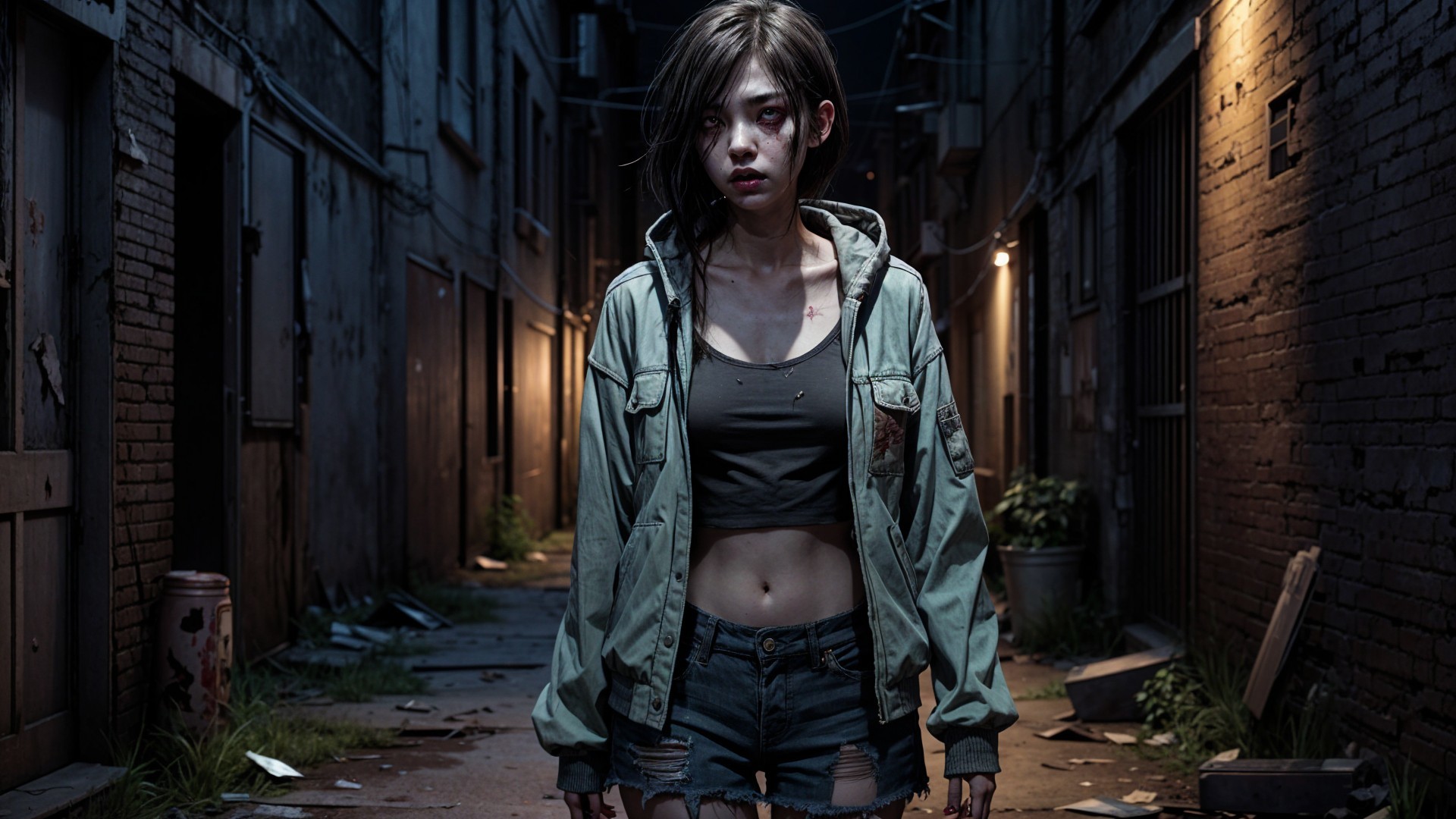 Young Woman in Alley with Fierce Expression and Bruise