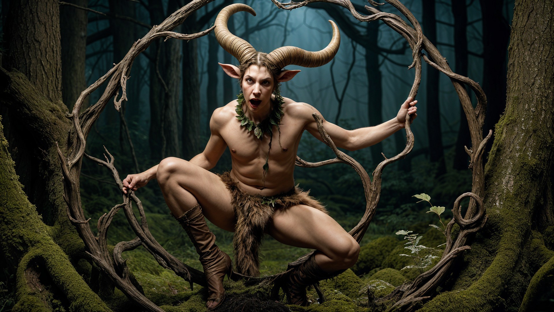 Mystical Forest Scene with Goat-Horned Figure