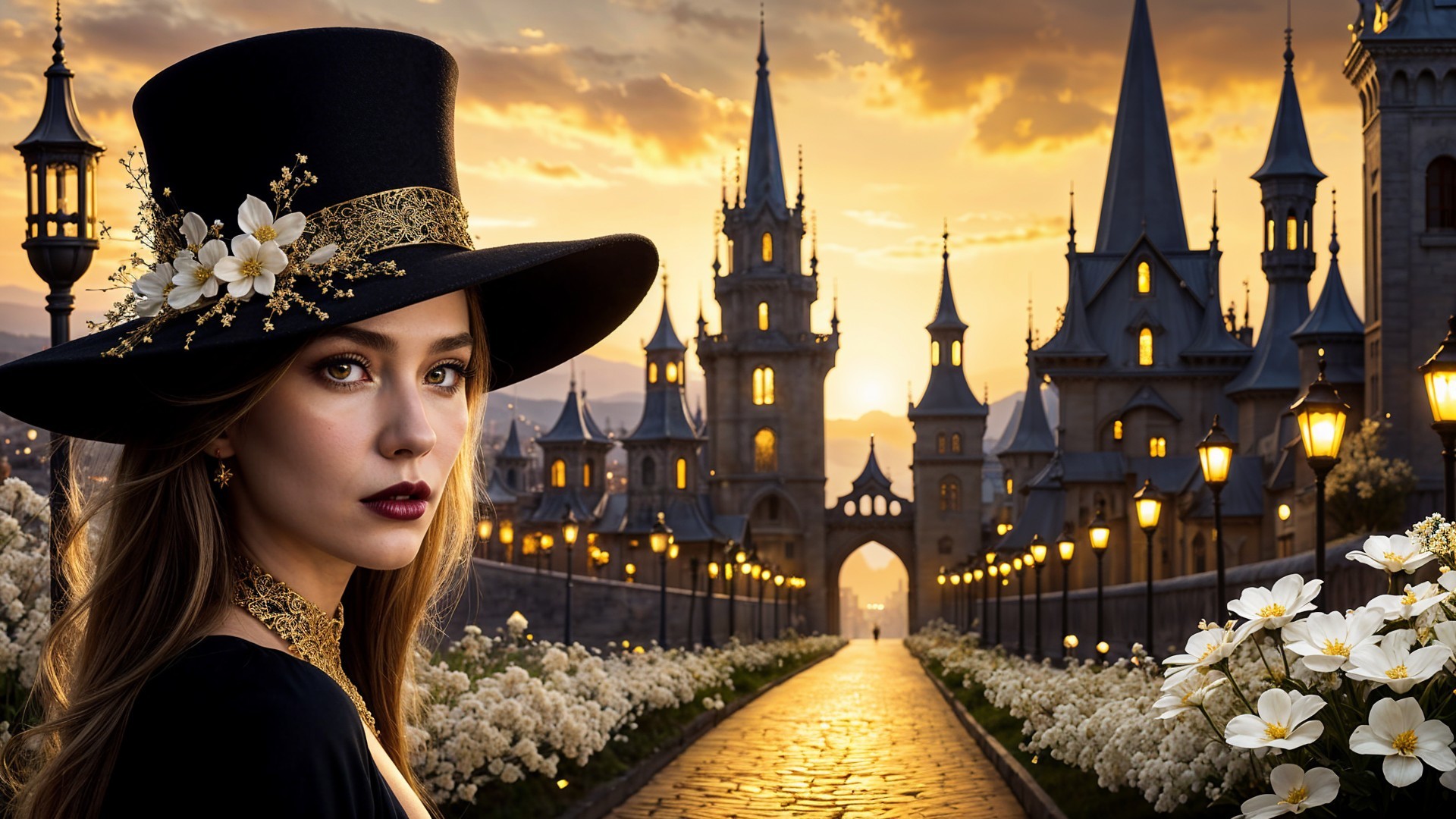 Woman in Black Hat with Castle and Flowers at Sunset