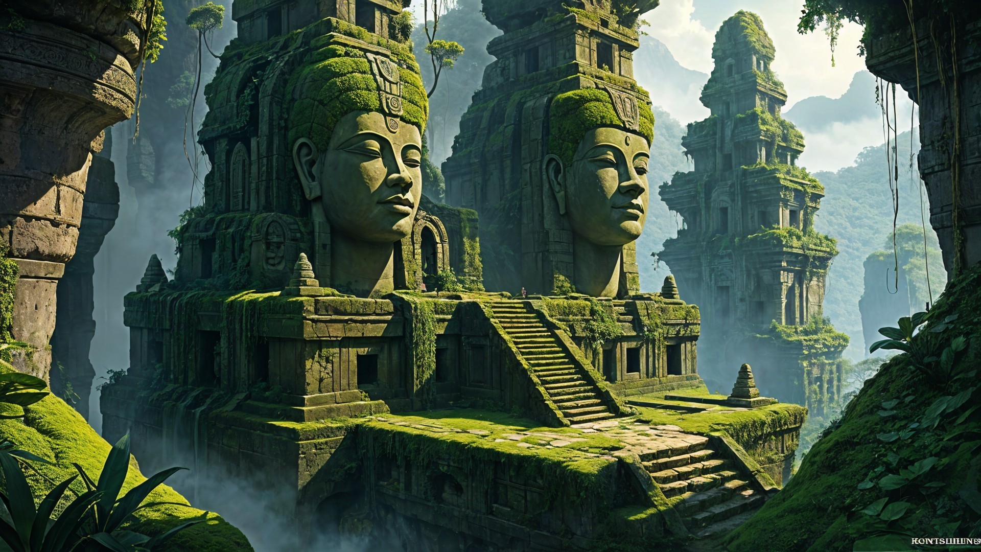 Ancient site with towering stone sculptures and greenery