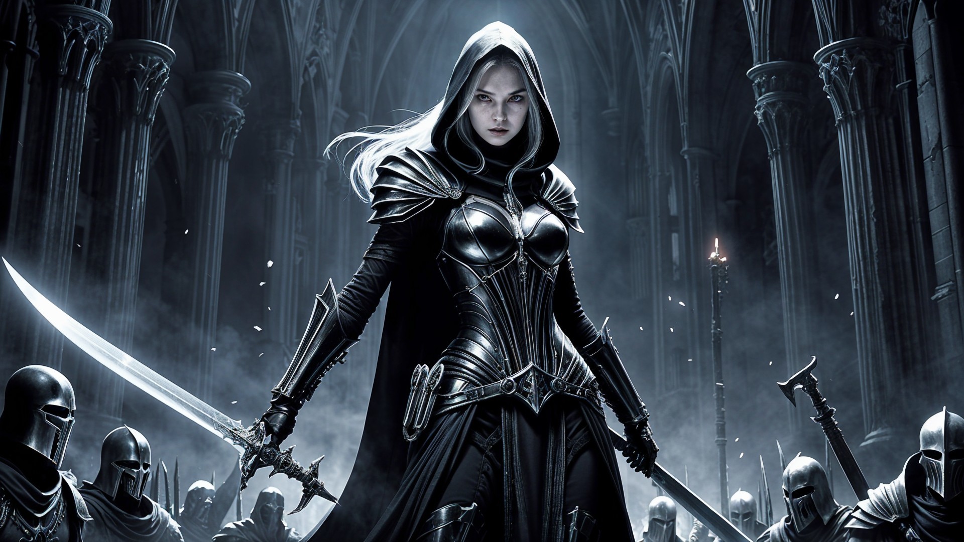 Female Warrior in Dark Armor in Gothic Setting
