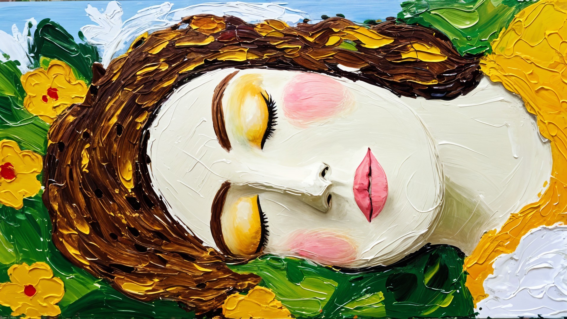 Serene Woman's Face Surrounded by Greenery and Flowers